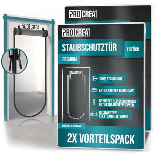 PROCREA® 2x Premium Staubschutztür mit Reißverschluss [Großer Zipper, Breite Türöffnung & Easy-Klettsystem] Extra starke Folien-Bautür und Staubschutzwand für 100% sicheren Staubschutz