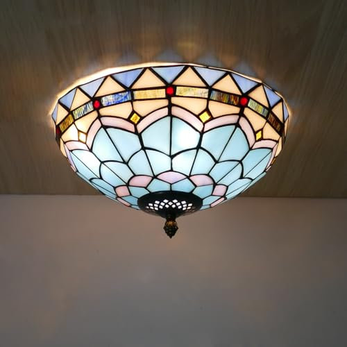 Retro Küche Deckenleuchte Tiffany Stil Vintage Schlafzimmer Deckenlampe Glas Blau Jugendstil Gang beleuchtet Unterputz Veranda Licht E27 für Korridor Wohnzimmer Esszimmer Badezimmer Balkon Flur (30CM)