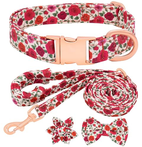 Girl Dog Collar and Lead Set with Bow Tie, Adjustable Soft Padded Pet Collar with Detachable Flower and Dog Tag Strong Gold Buckle for Small Medium Large Dogs XS, Red rose