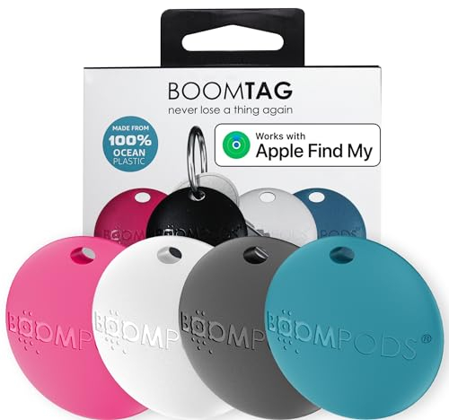 Boompods Boomtag Bluetooth Tracker Tag - Smart Tracking Device for Children, Pet and Dog, Keyring Wallet Tracker for Keys, Luggage Suitcases, Key Finder Compatible with Apple Find My App - 4 Pack