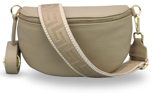 ADEL Bauchtasche Damen Echtleder Emma Gold Handgemachte Umhängetasche Crossbody Bag mit Optionalen Breiten Gemusterten Riemen Stylische Hüfttasche Made in Italy (Taupe-Gold 2, Small)