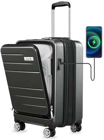 Luggex Carry On Luggage Airline Approved, Polycarbonate Hard Suitcase with Front Pocket (Black, 55cm)