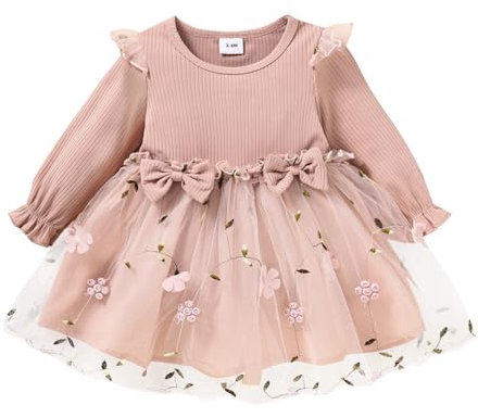 Vestito da bambina con volant a maniche lunghe vestito da tutù per bambina in tulle vestito da ragazza di fiori per feste di compleanno abiti da principessa fiori lunghi rosa 12-18 mesi