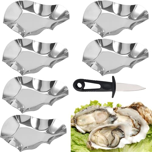 OHYER 7 pièces bols à huîtres en acier inoxydable Assiettes à huîtres réutilisables pour cartes et couteau à huîtres Pour les huîtres et les crustacés Fruits de mer Coquillages et fruits de mer (7)