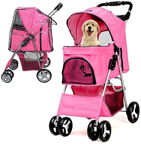 JupiterJX Foldable Pet Pram with Rain Cover, Pink - For Small Medium Dogs, Cats & Puppies, Dog Buggy with Storage Basket & Cup Holder