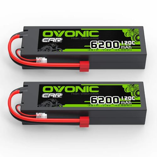 OVONIC Lot de 2 batteries LiPo 2s 7,4 V 6200 mAh 120 C avec fiche T rigide pour voiture RC truggy quadcoptère hélicoptère avion