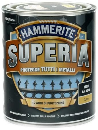 Hammerite Superia smalto metallo antiruggine interno e esterno, Opaco Nero, 750 ml