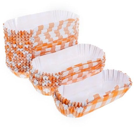 Koorium Repeat Paper Food Serving Tray,Boat Shaped Hot Dog Holder Bowl Heat Resistant Sandwiches Dessert Snacks Serving Plate 200 Pieces,Orange Squares Long Style