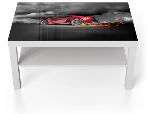 DEQORI Glastisch | weiß groß 90x50 cm | Motiv Feuriger Sprint | ausgefallener Beistelltisch aus Glas | Hochglanz Couchtisch fürs Wohnzimmer | moderner Couch Tisch mit Design