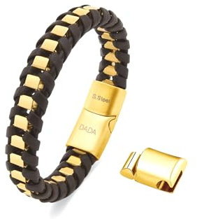 Dada Gioielli - Bracciale Uomo Pelle Acciaio Anallergico Cinturino Intrecciato Chiusura Magnetica Regolabile (Oro)