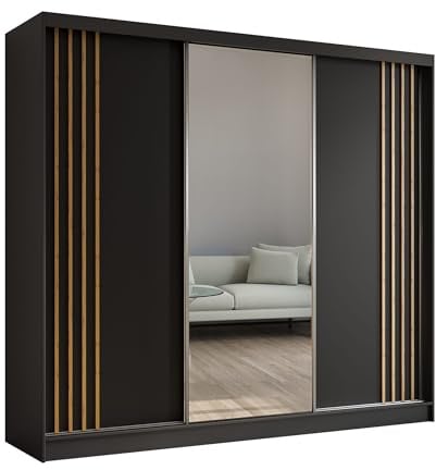 AGMAT-FURNITURE Schwebetürenschrank Lugo, Kleiderschrank mit 3 Türen und Spiegel, Moderne Garderobe in Farbe: Schwarz/Schwarz, Schrank in Größe: 240 x 216 x 61 cm