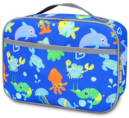 Lonchera aislada, bolsa de almuerzo para niños, lonchera térmica portátil para escuela, picnic, trabajo, viajes (animales marinos azules)