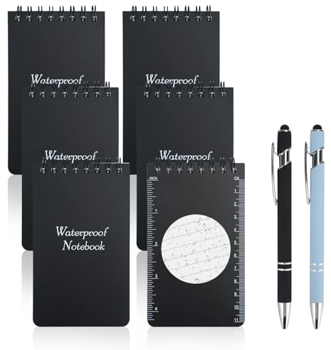 6 Stück Mini Wasserdichte Notizblock mit 2 Stifte, Notizbuch Klein Notizblöcke Spiral 50 Blätter, All-Wetter Tasche Tagebücher Taktische Steno Blöcken mit Raster für Aktivitäten im Freien (Schwarz)