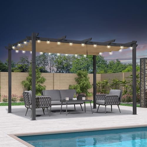 PURPLE LEAF Pergola avec Guirlande Lumineuse Exterieure Pergola Jardin Exterieur 4 x 3,2 m Tissu Teint en Fil, Pergolas Aluminium Toit Rétractable, Kaki