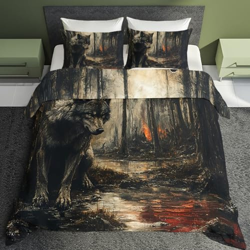 Generisch Wolf Deko - Winter Bettwäsche 135x200 Wolf, Wald Tier Wölfe Bettbezug 135 x 200 2er Set mit 1 Kissenbezug 80x80, Weiche Mikrofaser Winterbettwäsche mit Reißverschluss Q&*210