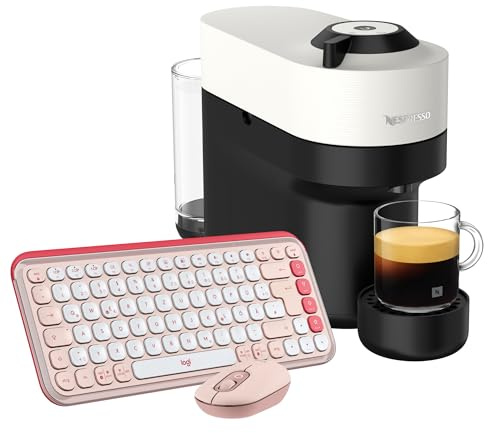 Nespresso Krups XN9201 Vertuo Pop Kaffeekapselmaschine Coconut White + Logitech POP ICON COMBO, Bluetooth-Tastatur-Maus-Set,Deutsches QWERTZ-Layout - Rosa