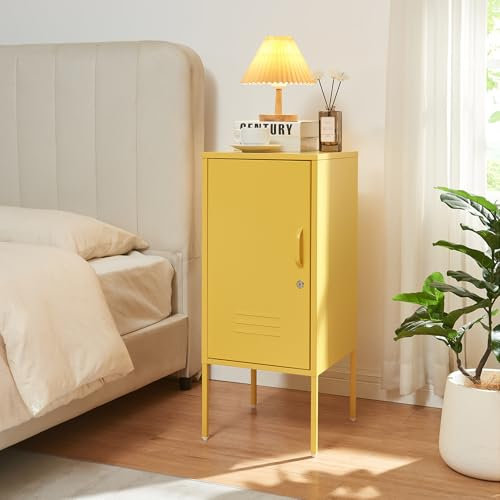 [en.casa] Nachtschrank Hausjärvi Nachttisch 82 x 35 x 35 cm Nachtkästchen Beistelltisch mit 1 Tür Metallschrank Beistellschrank abschließbar Büroschrank Stahl Gelb