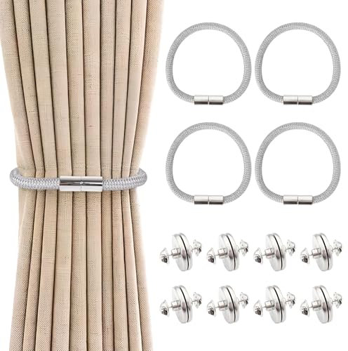 Naapesi 4 Stück Grau Magnetische Vorhang Raffhalter mit 4 Paare Vorhang Magnetischer Verschluss, Vorhang Krawattenhalter,Raffhalter für Gardinen Halterung,Gardinen zubehör für Zuhause und Büro