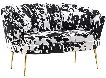 Modern Black & White Animal Cow Print Scalloped Accent Love Seat Chair , 2 Seater Mini Flower Shell Sofa, Small Compact Occasional Settee for Living Room Bedroom Office Salon Reception Lounge