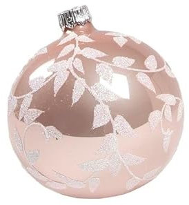 Chianese Pallina di Natale in vetro decorata a mano 80mm – Rosa lucido con decori bianchi – Elegante ornamento natalizio per albero, realizzata artigianalmente