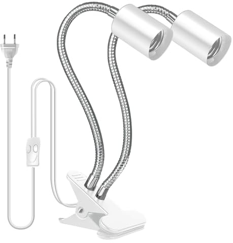 LEKEFETO Portalampada da tavolo E27: supporto per lampada a doppia testa con clip per lampada da scrivania a LED con cavo e interruttore EU plug, collo di cigno flessibile a 360 gradi, tubo lungo per