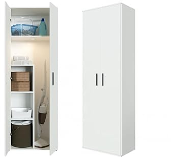 Happy Babies Armario de 60 cm para aspiradora, fregona y productos de limpieza, 176 cm de alto, placa laminada de 16 mm, acabado ABS mate (blanco)