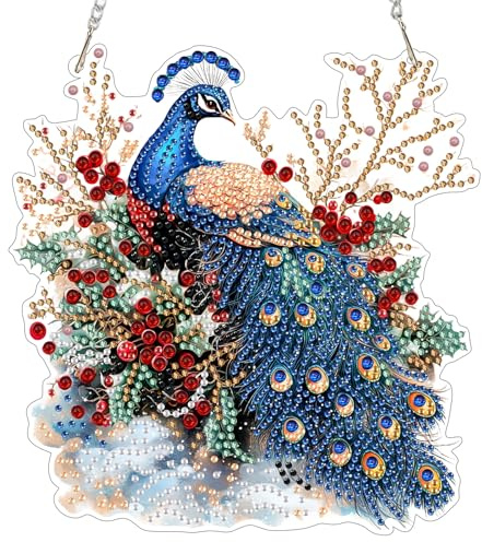 MEIYUDA 5D Diamond Painting Anhänger Erwachsene Pfau Blume, Sonnenfänger Diamond Painting Set Fensterbilder, Lichtfanger Bilder Bastelset Erwachsene Kinder Malerei für Home Wand Décor