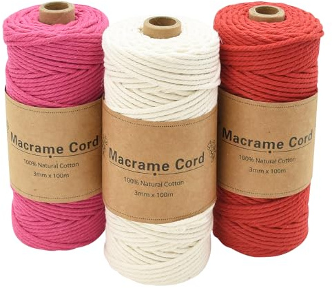 Coriver 3 Stück Makramee Garn, 3mm x 100m Macrame Cord, Makramee Schnur, Makrameegarn Kordel, Makramee Starter Set für DIY Handwerk Weben Dekoration Hängepflanze Pflanze Aufhänger (6. Rot+Braun+Beige)
