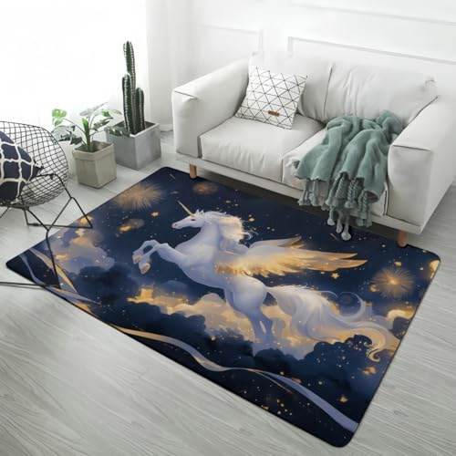 Rosa Lila Traum Einhorn Cartoon Teppich Schlafzimmer Mädchen, Flanell Teppiche rutschfest Blumen Stern Regenbogen Einhorn Großer Teppich für Wohnzimmer Spielzimmer, 140x200 cm, Color1