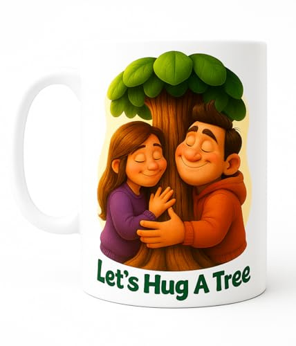 Let’s Hug A Tree Mug – Cute Cartoon-Style Couple Hugging Tree – Eco-Friendly Gift for Nature Lovers, Coffee & Tea Ceramic Cup (11oz