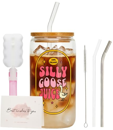 Chovbe Silly Goose Juice Glass with Lid and Straw - Funny Birthday Gifts