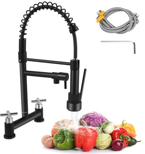 Delousiber Matte Black Dual Lever Kitchen Sink Mixer Taps 2 Hole, Bridge Mixer Tap with 360° Swivel Spout, 180mm Centres Deck Mounted(UK 180mm Centre)(Black)