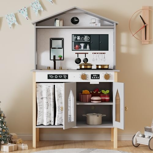 FammyLoft Kinderküche Kreatives Hausdesign, Spielküche mit Stauraum, Holzküche Kinder, Puppenküche, EN71-Normen, EIN Ausgezeichnetes Geschenk für Kinder ab 3 Jahren, 28,5x60x92cm, Grau