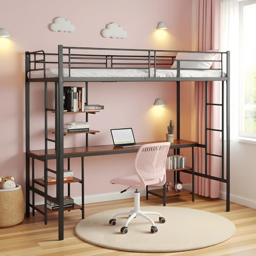 buybyroom High Sleeper Bed with Desk,Metal Single Bed Frame, Open Shelves and Safety Guardrail, 2 Ladders Loft Bed with Desk for Kids, Teens and Adults, Black