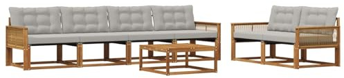 vidaXL Outdoor-Sofagarnitur mit Kissen 7 pcs Natürlich und Hellgrau, Garten, modernes Outdoor-Sofa, Terrassen-Lounge-Set, Bequeme Sitzmöbel für gemütliche Abende