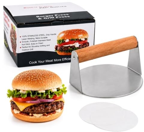 Presse à Hamburger en Acier Inoxydable Ø 14 cm, Presse à Viande Professionnelle avec Poignée en Bois incl. 50 Feuilles de Papier Cuisson, Smash Burger Press pour Grille & Poêle, Idéal pour Steak & Bac