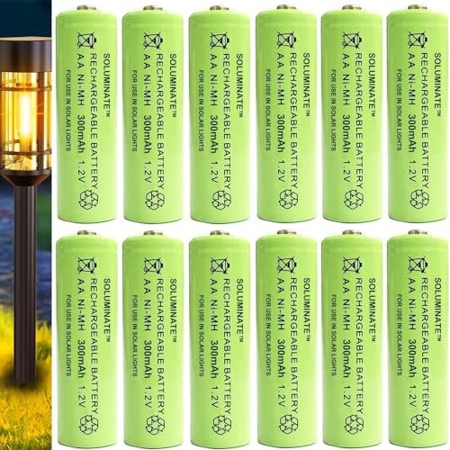 Soluminate Solar Light Batteries AA (300mAh) 1.2V Rechargeable NiMH for outdoor garden solar lights (12-Pack)
