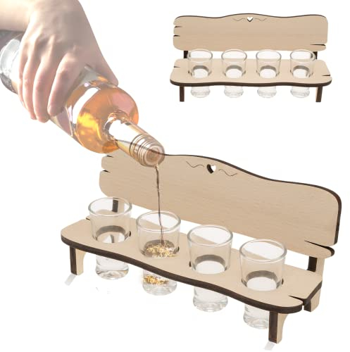 Smart-Planet Schnapstablett in Holzbank Optik - Rustikale Schnapsbank inkl. 4 Schnapsgläser - Serviertablett für Schnaps und Shotgläser - Party Hit
