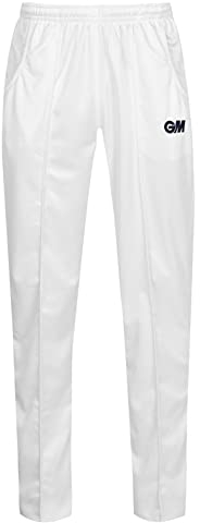 Gunn & Moore GM, Cricket Trousers, Athletic Fit Elasticated Waist 2 Pockets, Quick Drying & Enhanced Moisture Management, Off White with GM Logo, Medium - Waist 33-34 Finished Hem Approx 33