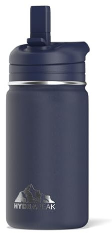 Hydrapeak Mini-Wasserflasche mit Strohhalm-Deckel, doppelwandig, isoliert, auslaufsichere und auslaufsichere Wasserflasche, 24 Stunden kalt (Marineblau)
