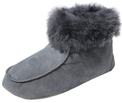 Herren & Damen Lammfell Hausschuhe Ibiza Grau Fellschuhe 100% Merino Schaffell Echtleder Bettschuhe Schuhgröße 44