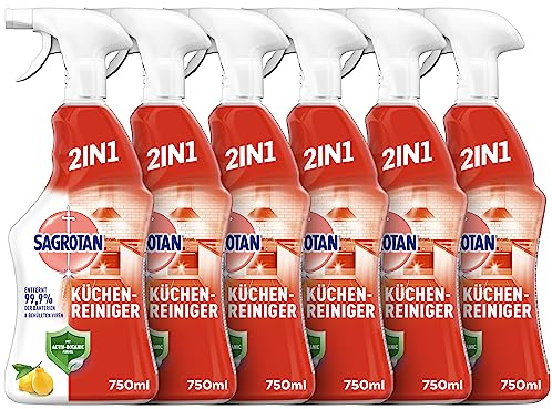 Sagrotan Küchen-Allzweck-Reiniger Spritzige Zitrone – 2in1 Desinfektionsreiniger für die zuverlässige Reinigung von Küchenoberflächen – 6 x 750 ml Sprühflasche