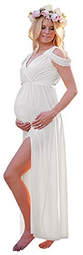 FEOYA Femme Enceinte Robes Maternité Photographie Robe Sexy Longue Jupe en Mousseline de Soie pour Plage Wedding Cocktails Soirée Style 1 Blanc L