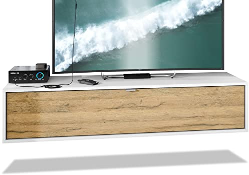 Vladon TV Board Lana 140 Hängeschrank Lowboard 140 x 29 x 37 cm, Made in Germany, Korpus in Weiß matt, Fronten in Eiche Natur | Große Farbauswahl