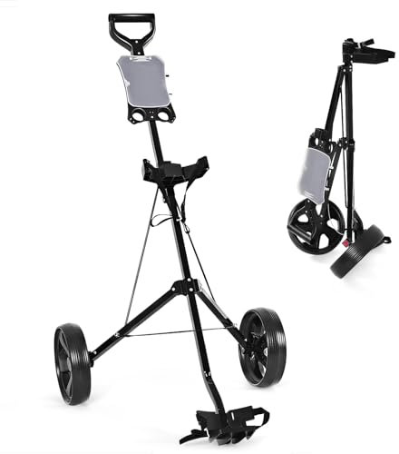 COSTWAY Carrello da Golf Pieghevole con 2 Ruote, Carrello da Golf in Ferro con Tabellone Segnapunti (Nero)