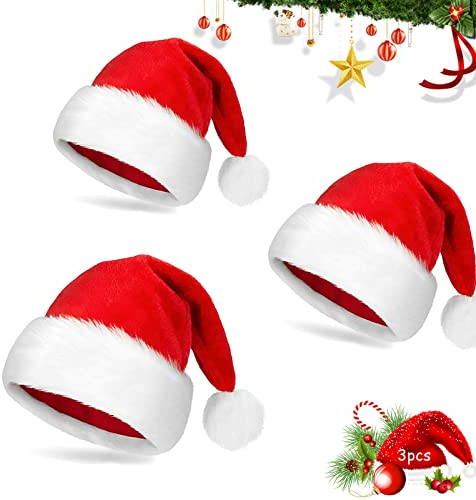 JIASHA 3 Stück Weihnachtsmütze, Nikolausmützen Weihnachtsmann,Plüsch Weihnachtsmütze,Rot Weihnachten Hüte,für Weihnachten,neues Jahr Unisex Warme Verdickt Party Weihnachten Hüte (3pcs Erwachsener)