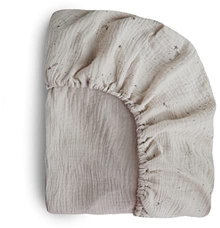 mushie Spannbettlaken für Kinderbett, 40 x 10 x 100 cm, extra weiches Musselin, atmungsaktive 100% Bio-Baumwolle, elastische Ecken, vorgewaschen, Sterne, klein