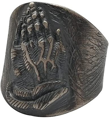 Schwarz Massiv 925 Sterling Silber Betende Hände Ring für Herren Offen Verstellbar