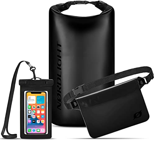 Nordlight wasserdichte Tasche 3er Set (Schwarz) - Dry Bag 20l + wasserdichte Handyhülle + wasserdichte Hüfttasche | IPX8 Schutz | Mit Verstellbaren Gurten Für Strand, Stand Up Paddling