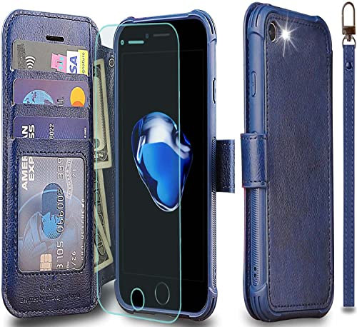 VANAVAGY Compatible iPhone 7/8/se Wallet Case,Leather Flip Folio Shockproof Phone Cover [Screen Protector Included][Support Wireless Charging]with RFID Blocking Card Holder, Navy blue